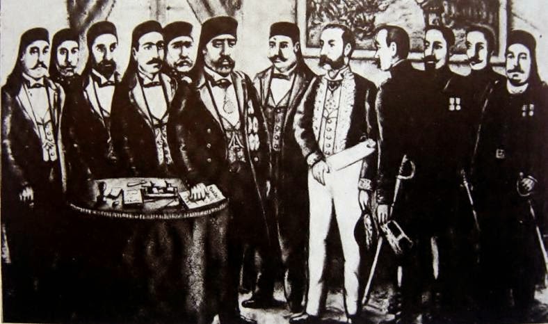 ملف:الجنرال الفرنسي بريار وباي تونس محمد الصادق وبعض الحاضرين من الجانبين ساعة التوقيع على معاهدة الحماية في يوم 12ماي 1881.jpg